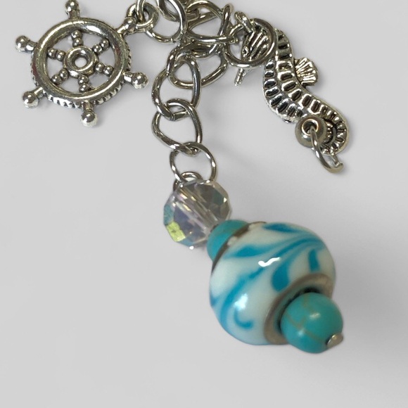 Hand Crafted Seaside Silver & Blue Beaded Keychain W/ Faux Pearl & Charms - Picture 2 of 5
